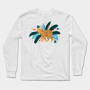 Leopard with orange and teal tropical plants Long Sleeve T-Shirt